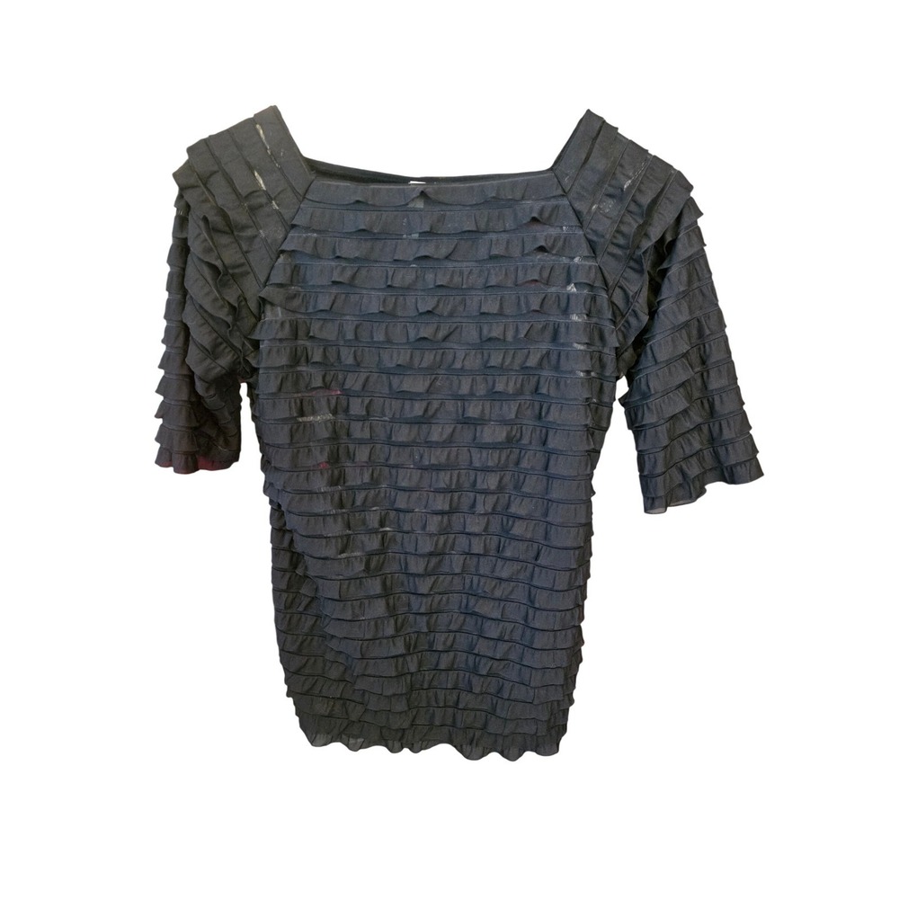 Tiara Black Tiered Ruffle Square Neck Top Elbow Sleeve Blouse‎ Small Coquette